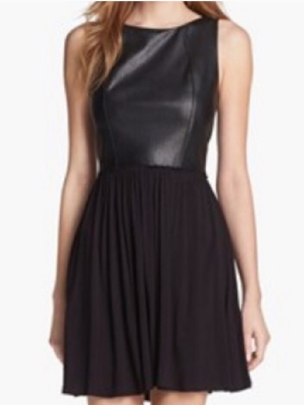 BAILEY 44 BLACK FAUX-LEATHER BODICE MIXED MEDIA FIT & FLAIR DRESS